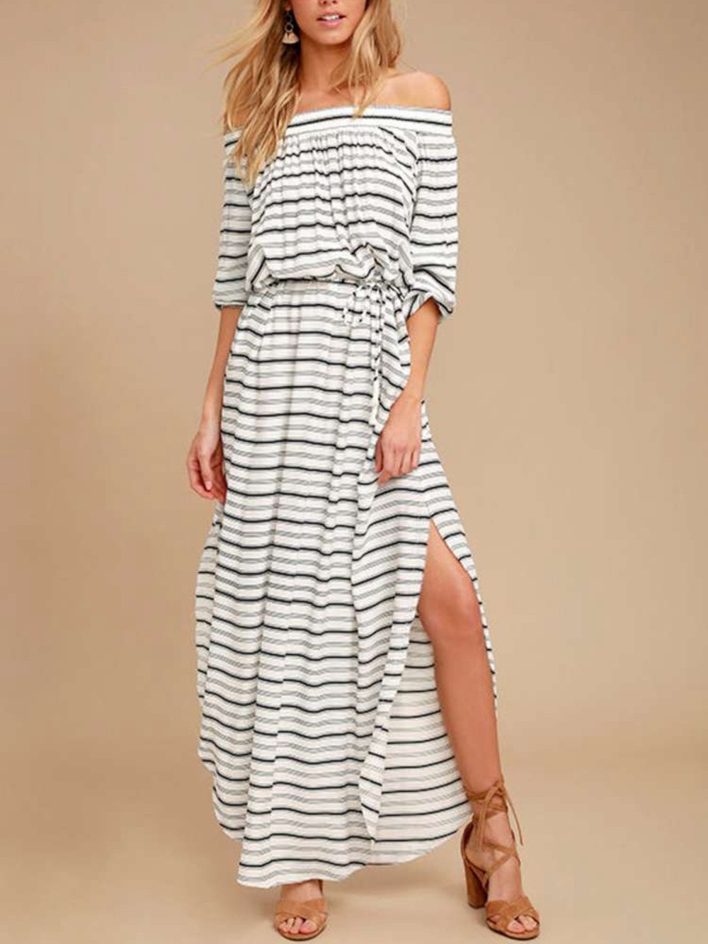 Faithfull the Brand Rae Maxi Dress White Black Stripe Off Shoulder XS NWT